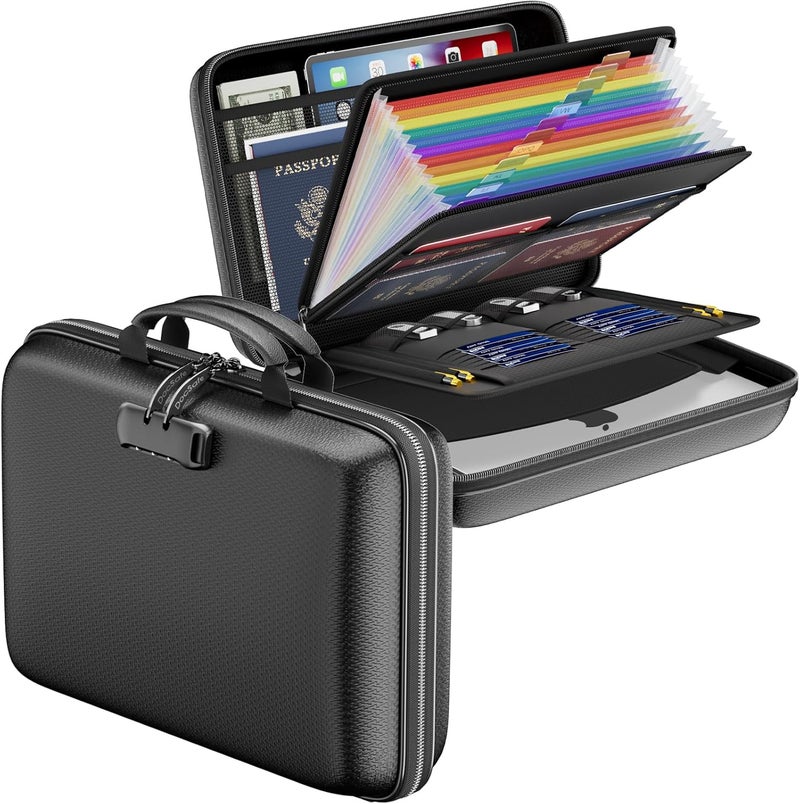 DocSafe Fireproof File Organizer with Lock, Hard-Shell Case Fireproof Document Box with 13 Pocket Accordion File Folder, Portable Home Office Travel Safe Storage for Important Documents Laptop Black - Image 1